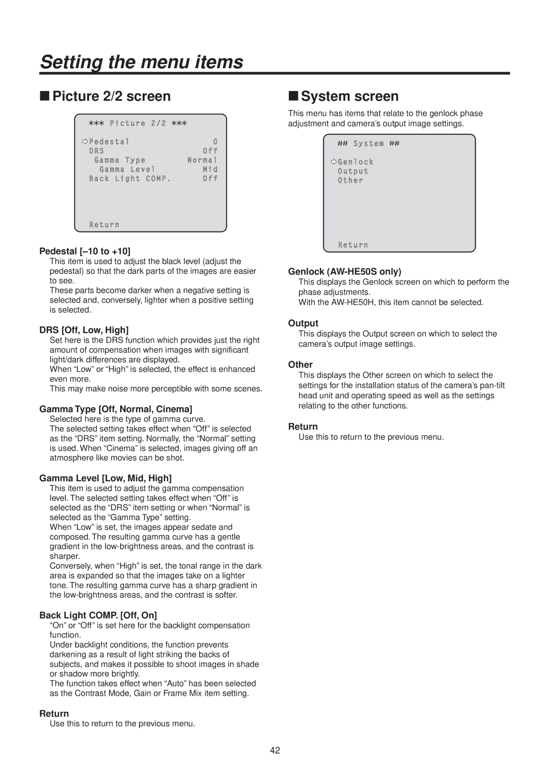 Panasonic AWHE50HN manual WwPicture 2/2 screen, WwSystem screen 